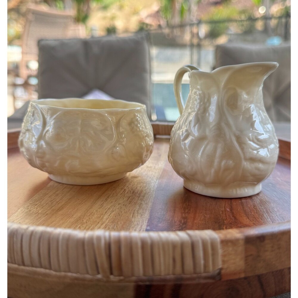 Vintage Belleek Porcelain Lotus Pattern Creamer & Sugar Dish 5th Mark 1st Green